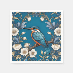 Elegant Turkvoise Kingfisher Bird Blommigt Pappersservett