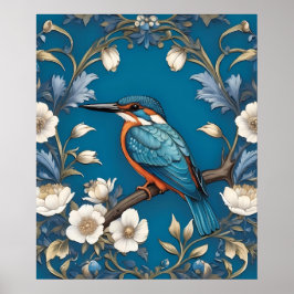 Elegant Turkvoise Kingfisher Bird Blommigt Poster