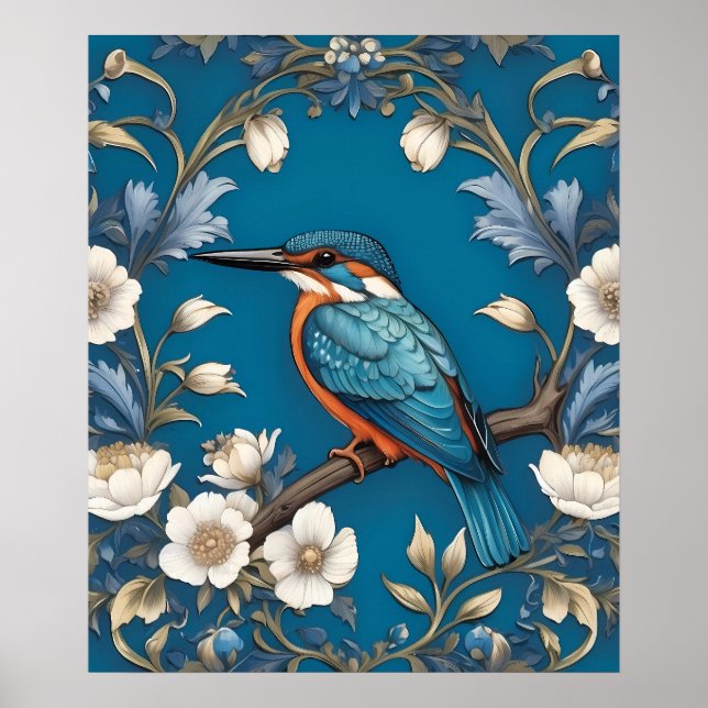 Elegant Turkvoise Kingfisher Bird Blommigt Poster (Framsidan)