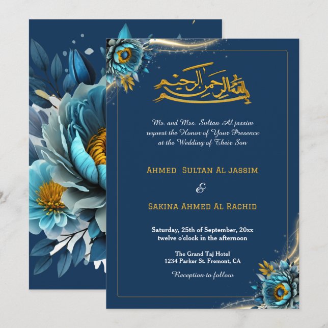 Elegant Turquise blommigt Islamic Muslim Bröllop Inbjudningar (Fram/baksida)