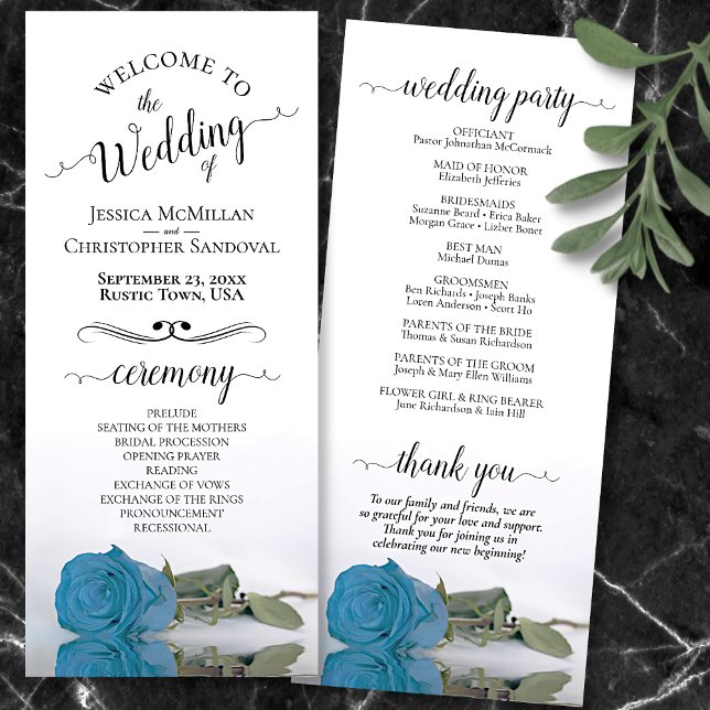 Elegant Turquise Himlar Blue Ro Romantic Bröllop Program (Front and Back)