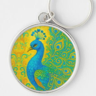 Elegant Turquise Peacock Bird Decorative Rund Silverfärgad Nyckelring