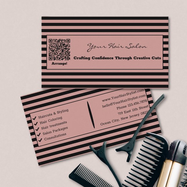 Elegant Tuscany Rosa och svart Stripe Hair Salon Visitkort (Elegant Tuscany Pink and Black Striped Hair Salon Business Card)