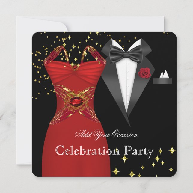 Elegant Tuxedo Red Dress Forme Event Party Inbjudningar (Framsida)