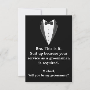 elegant tuxedo svartvit modern groomsman inbjudningar