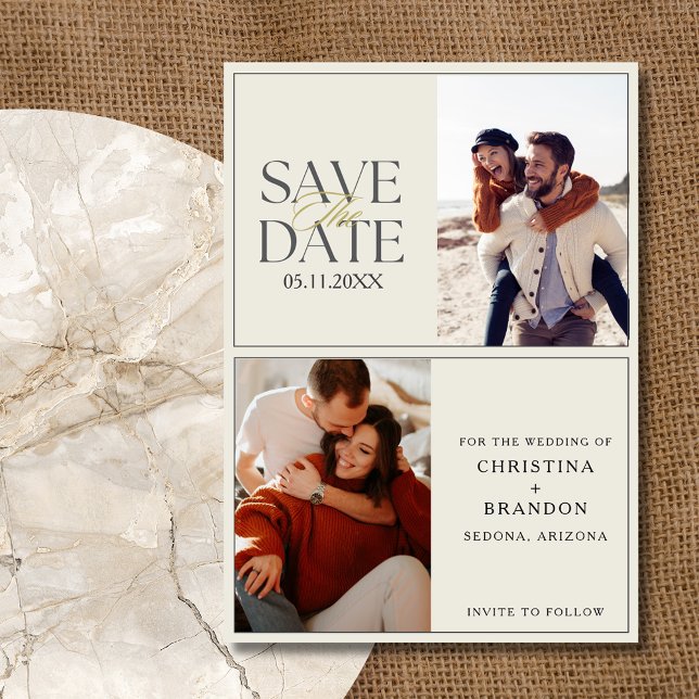 Elegant två foto Modern Bröllop Spara Datumet (Elegant Two Photo Modern Wedding Save The Date)