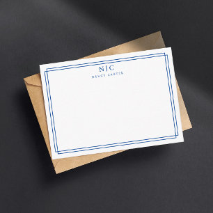 Elegant Två Monogram Navyblå Geometrisk Kant Anteckningskort