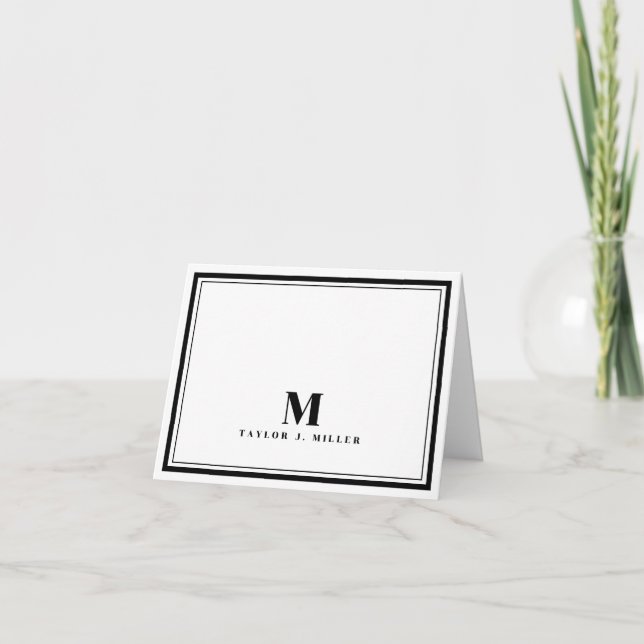 Elegant två ramar monogram chic svart vit anteckningskort (Framsida)