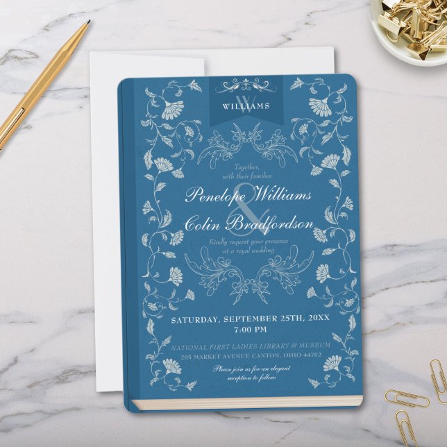Elegant två tonårshölje Bok Blommigt Bröllop Inbjudningar (Elegant Teal Blue Library Book Cover Wedding Invitation with Monogram and Formal Calligraphy Script)