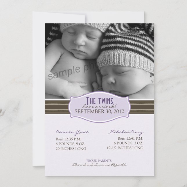 Elegant Twillingars Birth Notice: Lavender Meddelande (Framsida)