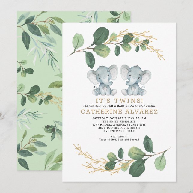 Elegant Twin Elephant Soft Greenery Baby Shower Inbjudningar (Fram/baksida)