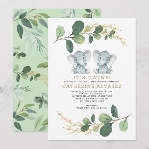 Elegant Twin Elephant Soft Greenery Baby Shower Inbjudningar