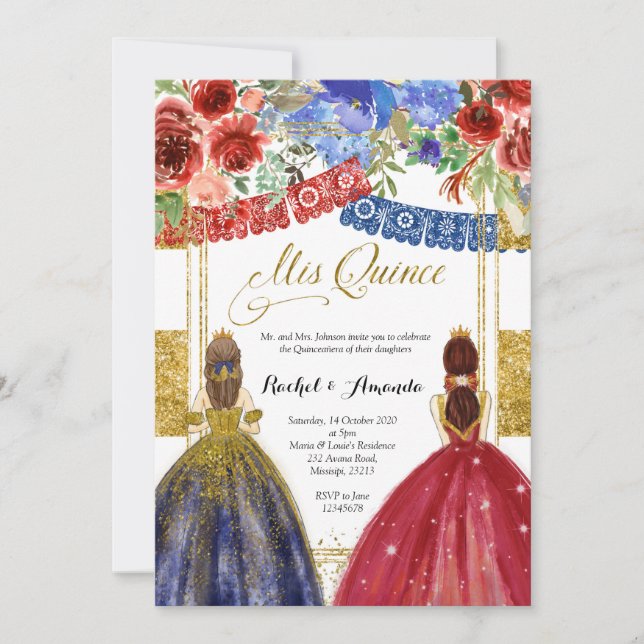Elegant Twin Quinceañera-inbjudan Blommig Guld Inbjudningar (Framsida)