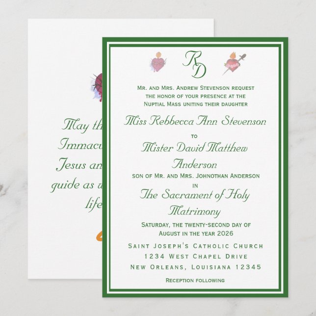Elegant Two Hearts Catholic Wedding Invitation Inbjudningar (Fram/baksida)