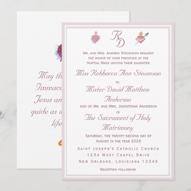 Elegant Two Hearts Catholic Wedding Invitation Inbjudningar (Fram/baksida)