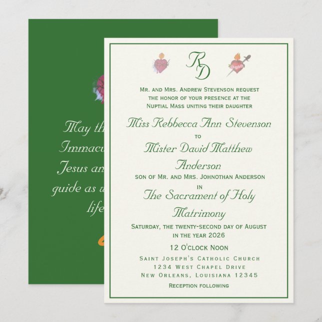 Elegant Two Hearts Catholic Wedding Invitation Inbjudningar (Fram/baksida)