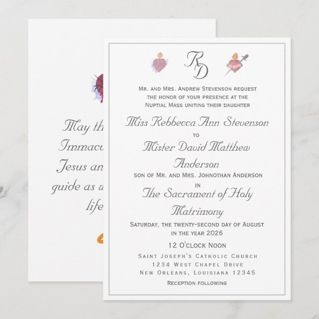 Elegant Two Hearts Catholic Wedding Invitation Inbjudningar (Fram/baksida)