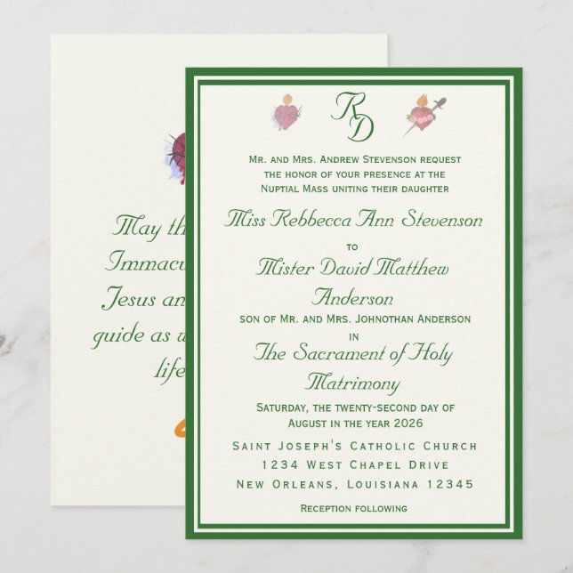 Elegant Two Hearts Catholic Wedding Invitation Inbjudningar (Fram/baksida)