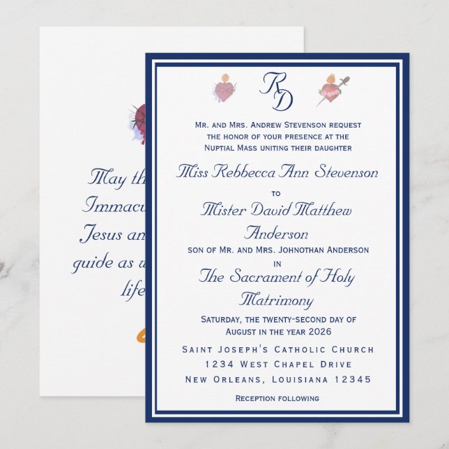 Elegant Two Hearts Catholic Wedding Invitation Inbjudningar (Fram/baksida)