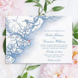 Elegant Tybee Island Georgia Karta Marinblå Bröllo Inbjudningar