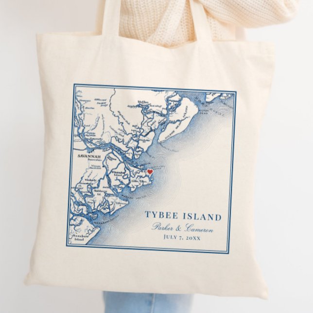 Elegant Tybee Island Georgia Karta Navy Blue Bröll Tygkasse (Tybee Island Georgia personalized wedding tote bag favor with an elegant navy blue map or Georgia)