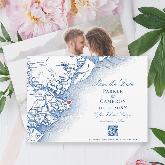 Elegant Tybee-ön Georgia Karta-flottan Bröllop Spara Datumet (Tybee Island GA Map Wedding Save the Date with Photo and QR Code in elegant navy blue )