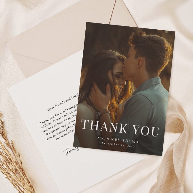 Elegant Typ Minimal Fotografi Bröllop  Tack Kort (Simple Type Overlay Photo Wedding Thank You Cards.)