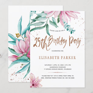 Elegant typografi 25-års blommande födelsedagsfest inbjudningar