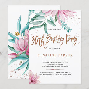Elegant typografi 30-års blommig födelsedagsfest inbjudningar