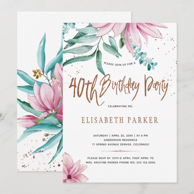 Elegant typografi 40-års blomsterfirande födelseda inbjudningar (Fram/baksida)