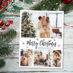 Elegant Typografi 4 Photo Collage jul Post Vykort<br><div class="desc">Elegant, Modern Black and White 4 Photo Collage God jul Script Helgdag Postcard. Den här festliga, imimalistiska, vimiska 4 (4) fotokortsmallen innehåller en söt fotokollage, en snowflake och säger God jul! Texten "God jul" hälsning är skriven med ett vackert, svart, stavat typsnitt på vit färg-bakgrund. Söt hälsning vykort till din...</div>