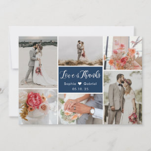 Elegant Typografi 6 Photo Collage Navy Bröllop Tack Kort