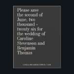 Elegant Typografi Black Modern Spara datum Vykort<br><div class="desc">Vit typografi av klassisk Elegant på ett svart,  minimalistiskt vykort för modern Bröllop spara datum i bakgrunden</div>