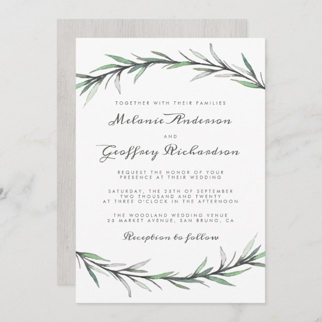 Elegant Typografi Botanical Woodland Bröllop Inbjudningar (Fram/baksida)