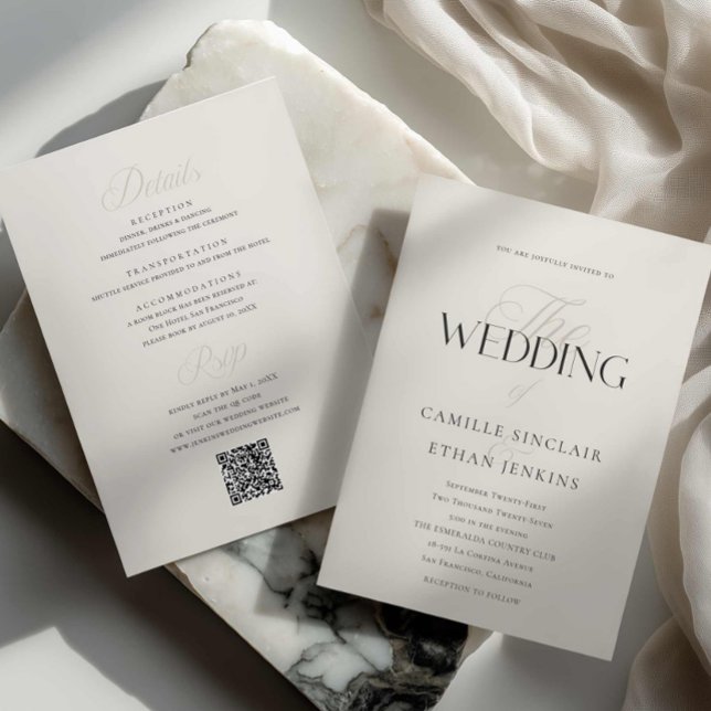 Elegant typografi Bröllop med QR-kod inbjudan (Modern Editorial Wedding Invitation)