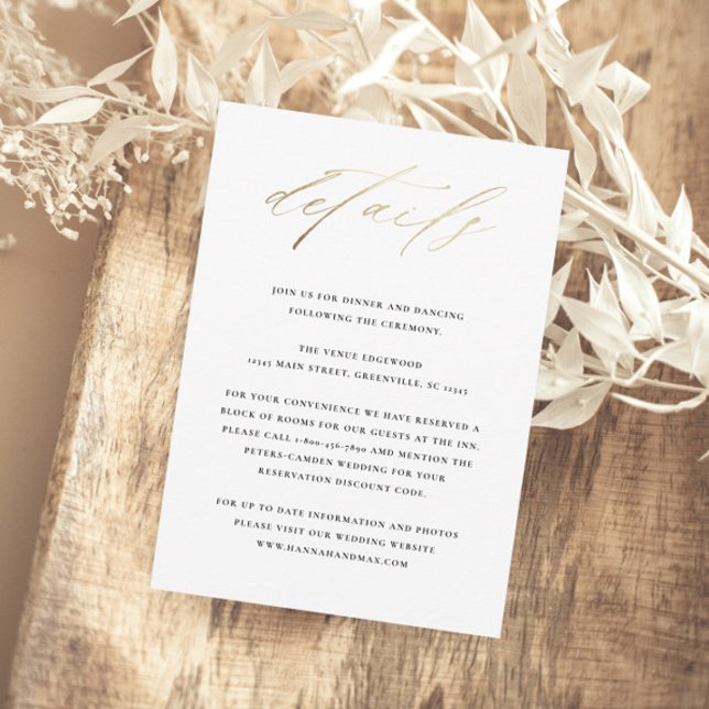 Elegant typografi Bröllopsdetaljer Tilläggskort (Elegant gold script wedding details enclosure cards.)
