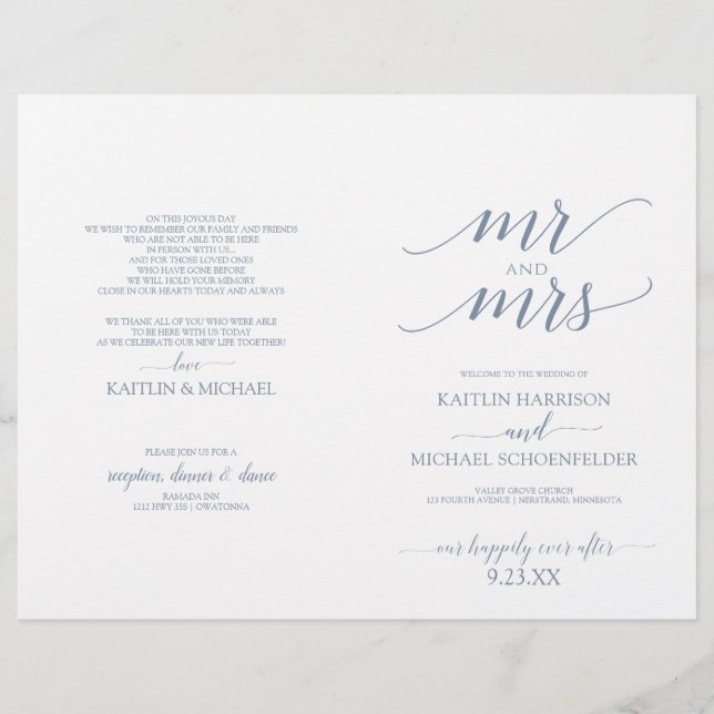 Elegant typografi bröllopsprogram Dammt blå -SP (Framsida)