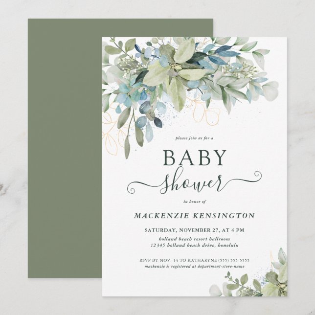 Elegant Typografi Eucalyptus Greenery Baby Shower Inbjudningar (Fram/baksida)