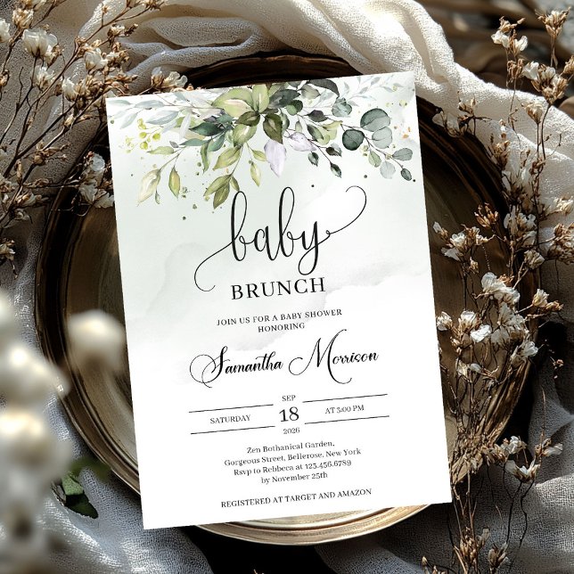 Elegant typografi greenery foliage baby brunch inbjudningar (Elegant typography greenery foliage baby brunch invitation)