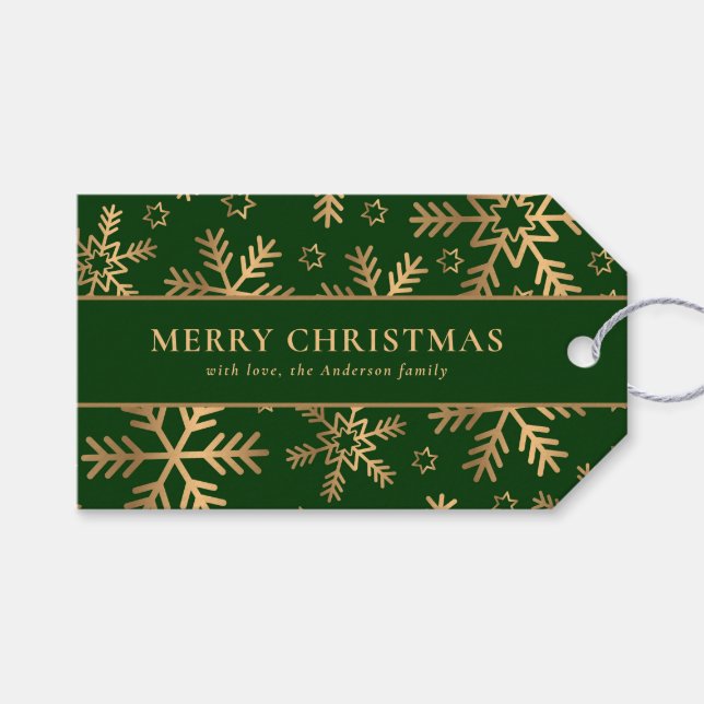 Elegant Typografi Grönt Guld jul Snöflingor Presentetikett (Framsidan (Horisontell))