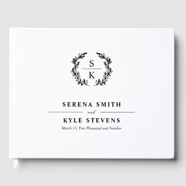 Elegant Typografi Laurel Utandning Monogram Bröllo Gästböcker (Framsida)