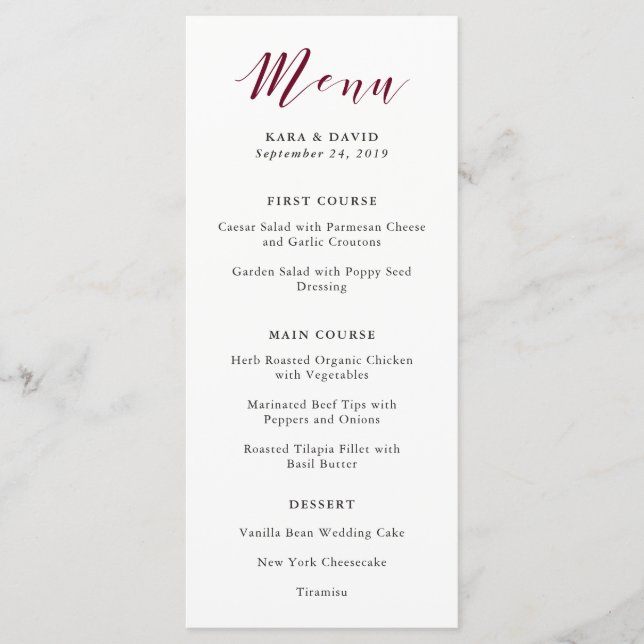 Elegant Typografi | Marsala Bröllop Menu Meny (Framsida)