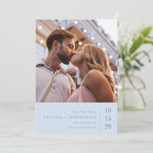 Elegant typografi minimalistisk foto bröllop blå spara datumet