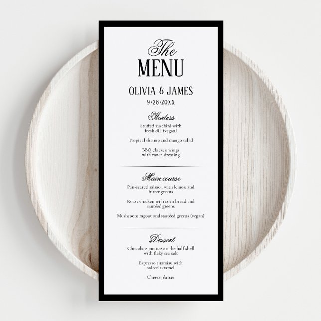 Elegant typografi Modern svart & vit bröllopskort Meny (Skapare uppladdad)