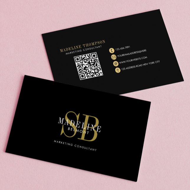 Elegant Typografi Monogram Black Guld QR-kod Visitkort (Skapare uppladdad)
