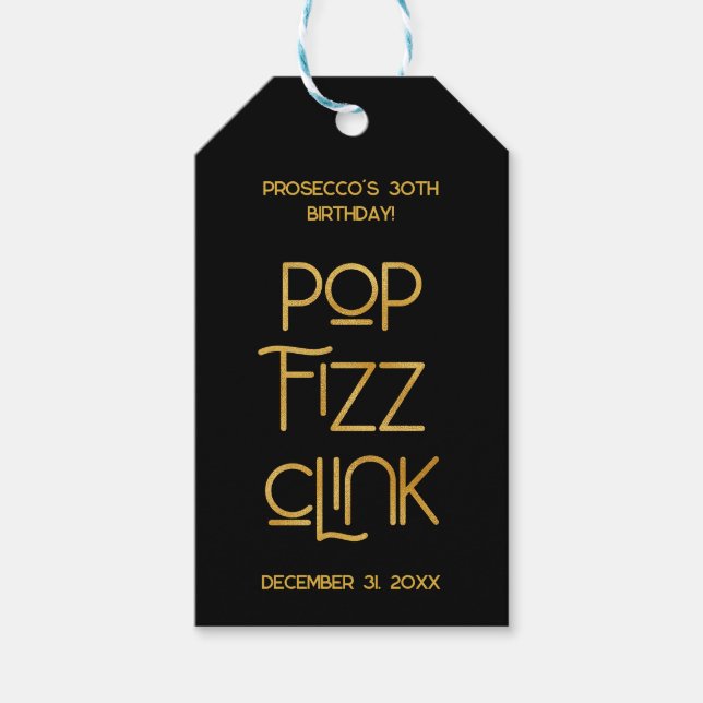 Elegant typografi Pop Fizz Klirka Födelsedag Presentetikett (Framsidan)