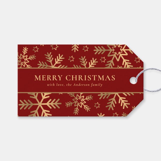 Elegant Typografi Red Guld jul Snöflingor Presentetikett (Framsidan (Horisontell))