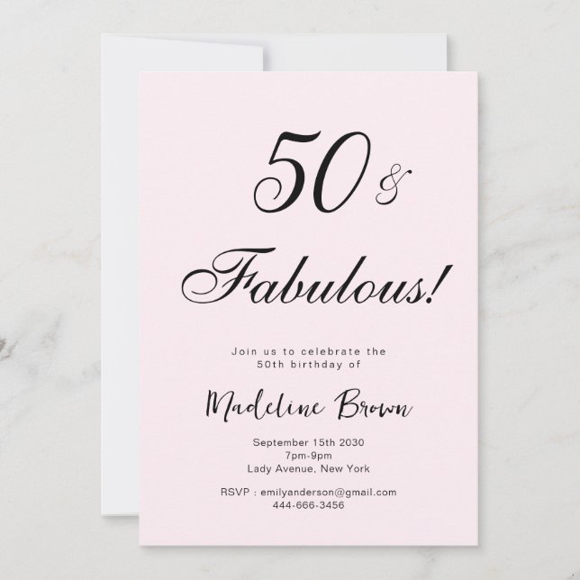 Elegant Typografi Rosa Black 50:e födelsedagen Inbjudningar (Framsida)