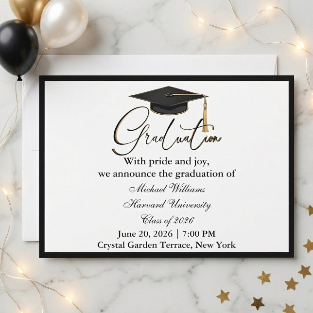 Elegant typografi Svart mössa Monokrom Examen Inbjudningar (Elegant Typography Black Cap Monochrome Graduation Invitation)