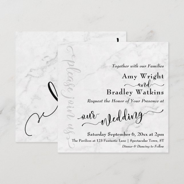 Elegant typografi svart på marmor bröllop 3 inbjudningar (Fram/baksida)